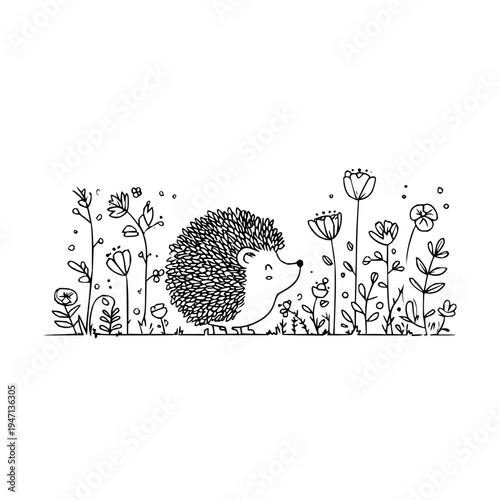 Charming hand drawn whimsical hedgehog character peeking through a delightful meadow of stylized wildflowers and delicate foliage rendered in a minimalist black and white sketch