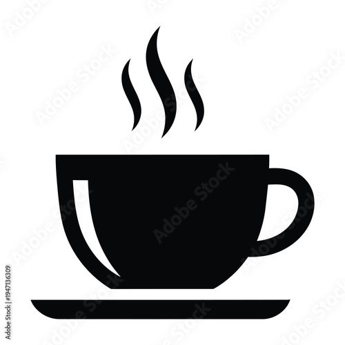 Steaming hot coffee cup silhouette on saucer isolated on white