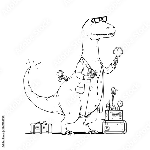 Whimsical cartoon tyrannosaurus rex dressed as a scientist wearing glasses and a lab coat holding a magnifying glass and a clock surrounded by vintage scientific equipment