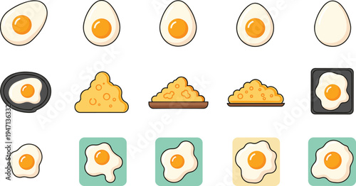 Fried egg variations and cheese dishes collection with different egg shapes cooking styles breakfast food icons flat vector illustration set