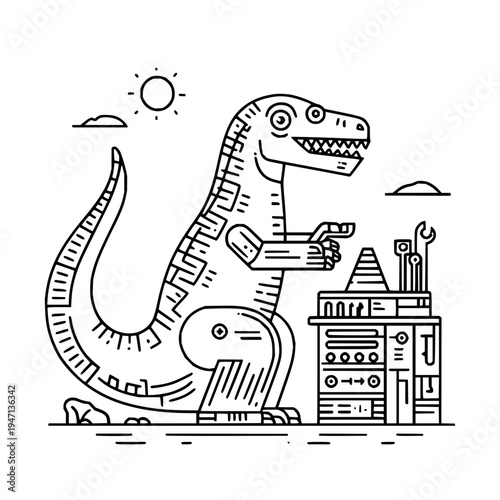 Whimsical line art illustration of a friendly stylized tyrannosaurus rex robot with intricate mechanical details holding a futuristic controller standing next to a complex control