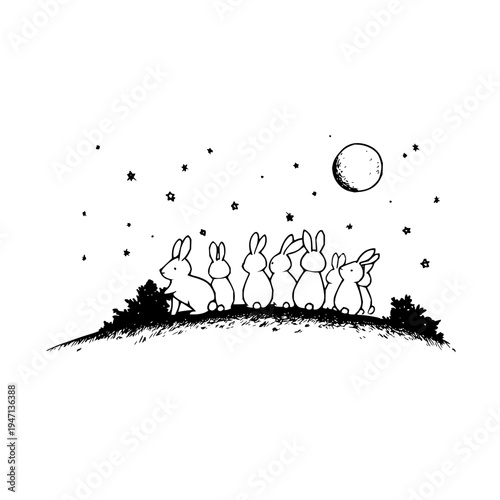 Whimsical black and white illustration of a group of adorable cartoon rabbits huddled together on a grassy hill under a starry night sky with a large full moon evoking a sense