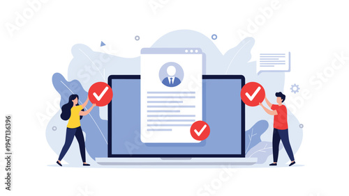 Two people holding large red check mark icons next to a laptop screen displaying a candidate's profile to represent a successful recruitment process.