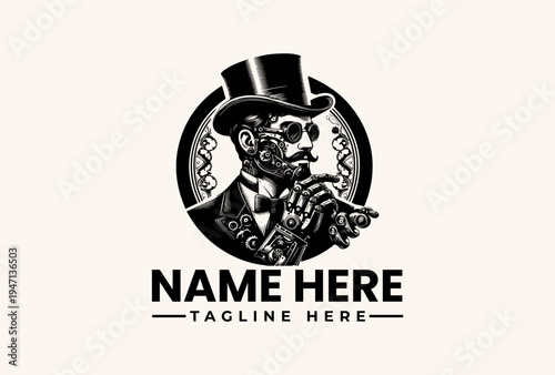A black and white illustration of a skeleton in a top hat and suit with a cigar, surrounded by a circular pattern on a beige background, featuring placeholder text for a logo or icon.