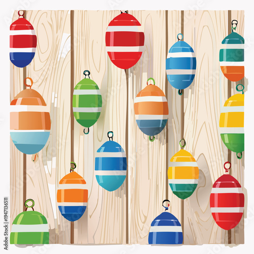 Colorful buoys artfully arranged on a wooden background with overhead lighting