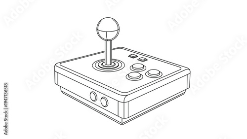 Detailed line drawing of a classic arcade style joystick controller with several buttons for retro gaming enjoyment.