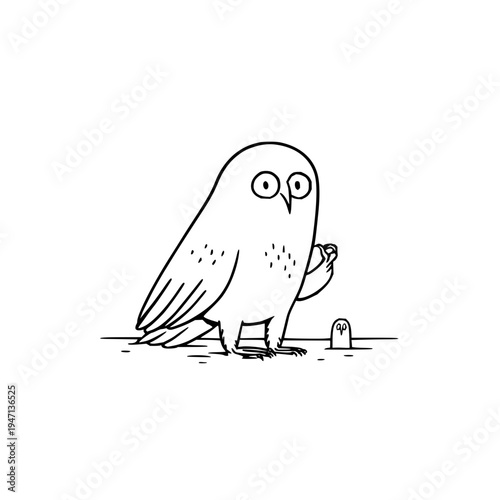 Whimsical cartoon owl with wide eyes and small dots on its body stands on a thin line holding a tiny object while a small creature peeks from a hole in the ground presented