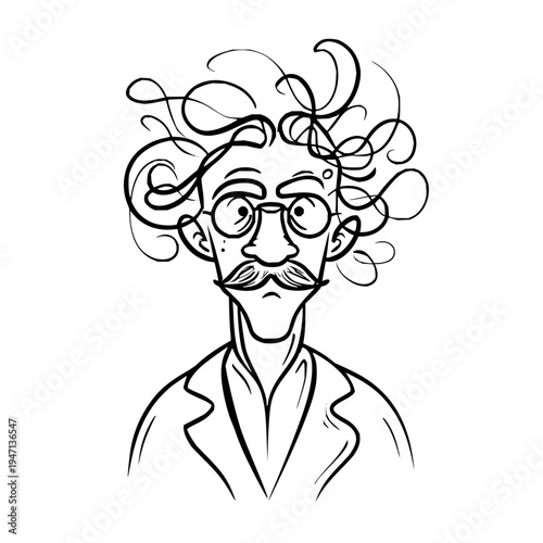 Whimsical cartoon illustration of a quirky eccentric scientist with wild messy hair thick rimmed glasses and a prominent mustache wearing a lab coat conveying a sense of genius