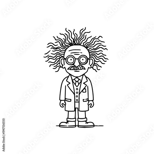 Whimsical cartoon illustration of a quirky eccentric scientist with wild curly hair thick glasses a prominent mustache and a formal lab coat standing confidently against a clean