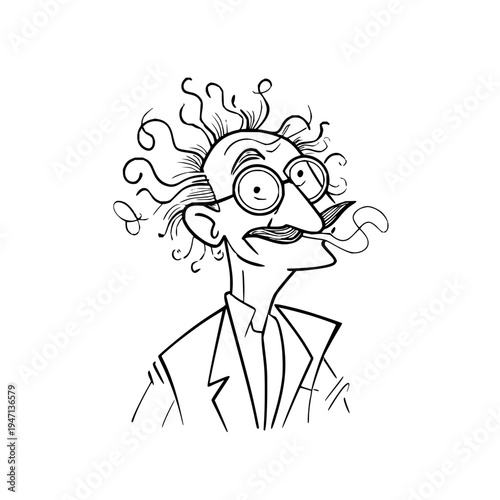 Whimsical cartoon illustration of a quirky eccentric mad scientist character with wild curly hair thick round glasses a prominent mustache and a slightly disheveled suit captured