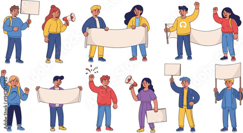 Diverse people protesting with blank banners placards and megaphones social activism demonstration crowd characters holding signs for protest rally flat vector illustration set