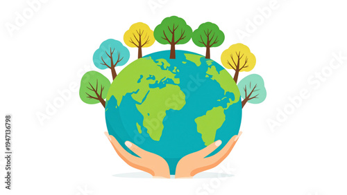 Trees Hugging Earth Globe Environmental Conservation Concept Flat Vector Illustration Set
