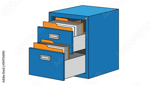 Blue metal office filing cabinet with several drawers open showing many organized folders and documents inside.