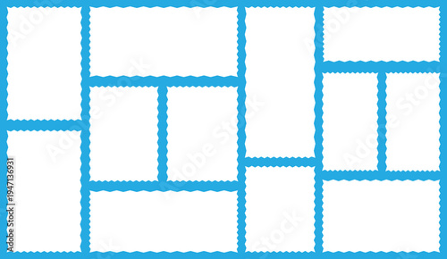 Post stamp frame and border. Zigzag edge and scallop edge. Rectangle, square template for mail, postcard, letter, note. Vector zigzag objects for badge. 