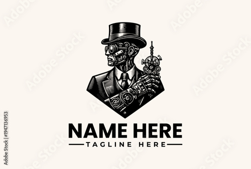 A black and white illustration of a skeleton in a suit and top hat, holding a smoking pipe, with a placeholder text for a logo or brand name on a plain background.