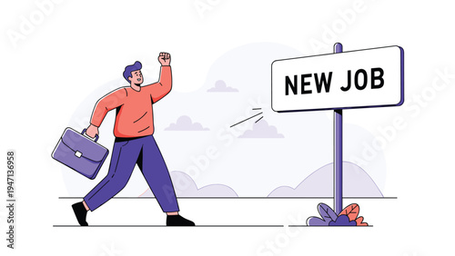 Excited man with a briefcase running towards a large signpost that says new job representing career transition, recruitment, and professional growth.