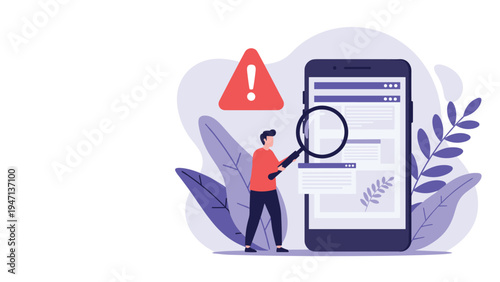 Data analyst using a magnifying glass to investigate an error or warning sign on a mobile phone screen during a system audit or debugging process.