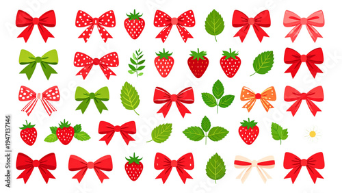 Red Ribbon Bows and Strawberry Decorative Elements Flat Vector Illustration Collection