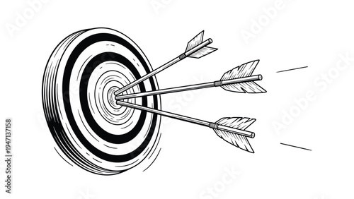 Hand drawn sketch of a target board with three feathered arrows hitting the exact center for success and precision.