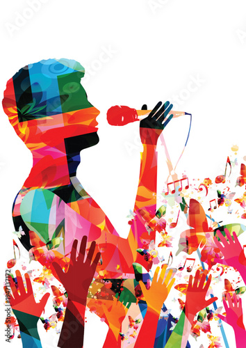 Colorful silhouette of a male singer performing for an excited audience with raised hands and butterflies on white background