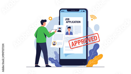 Person in a green shirt reviewing a digital job application on a smartphone that has been marked with a red approved stamp for successful hiring.