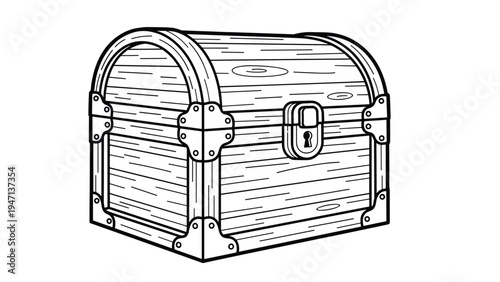 Vintage wooden treasure chest with metal reinforcements and a large keyhole drawn in a classic black and white style.