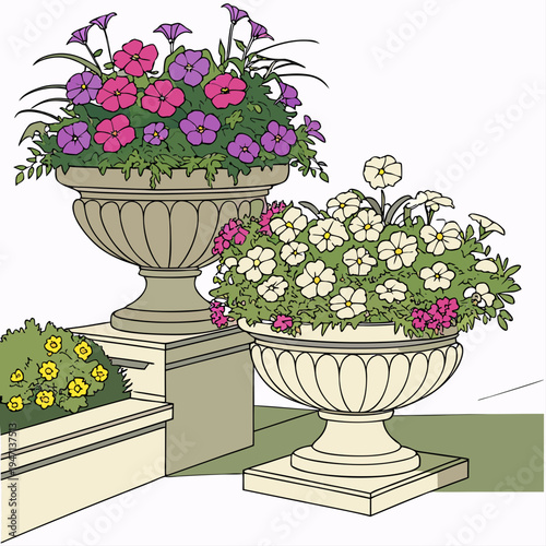 Colorful flowers in planters on steps pink