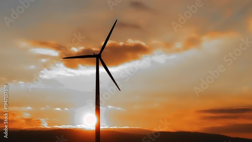 a wind turbine silhouette against a sunset, representing the renewable energy sector.