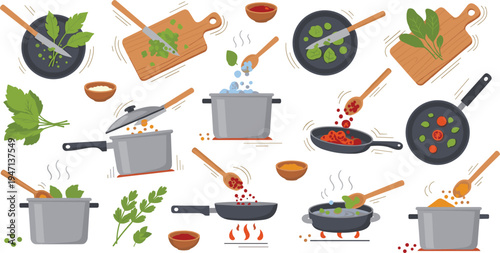 Cooking process vector set with pots pans cutting board herbs spices and ingredients preparation steps kitchen food recipe illustration collection
