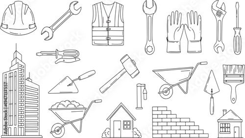 Construction tools and building equipment with architectural elements and safety gear in a hand drawn vector illustration doodle art