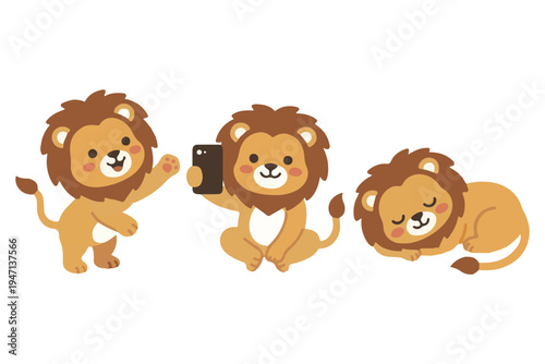 Set of adorable lion characters taking selfie and sleeping flat vector illustration
