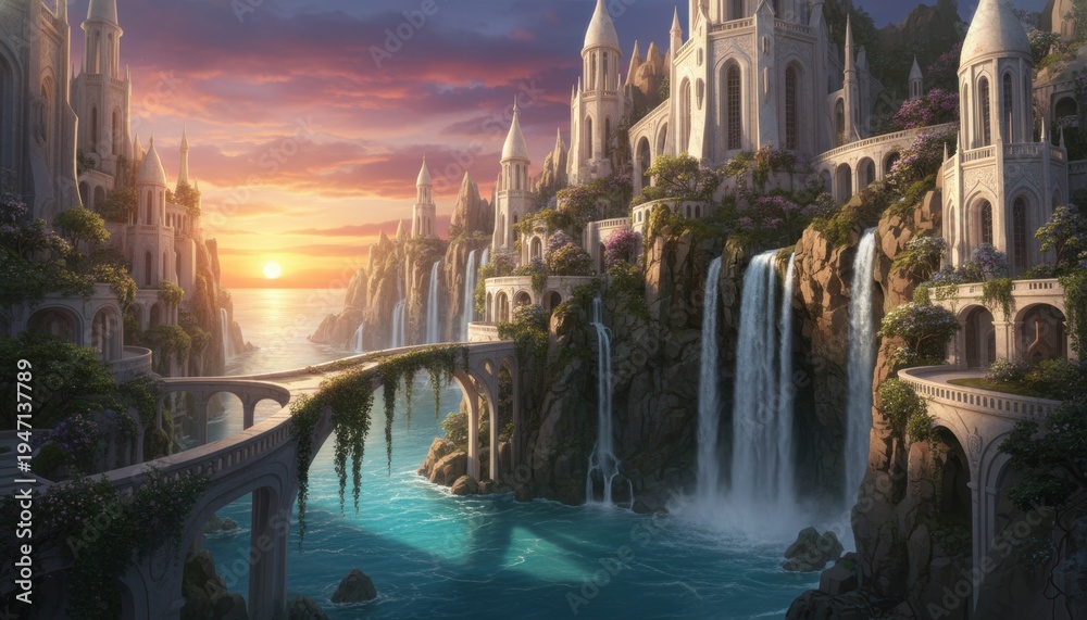 Fototapeta premium Enchanting Palace: A breathtaking panorama unfolds as a majestic palace graces a high cliff, overlooking the gentle cascades of waterfalls and a serene, sunlit lake. A bridge spans the waters.