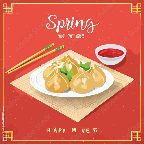 Dumplings on plate with chopsticks and sauce illustration on red background