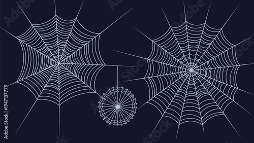 Three detailed spider webs of different sizes displayed on a dark blue background, ideal for halloween or nature themes.