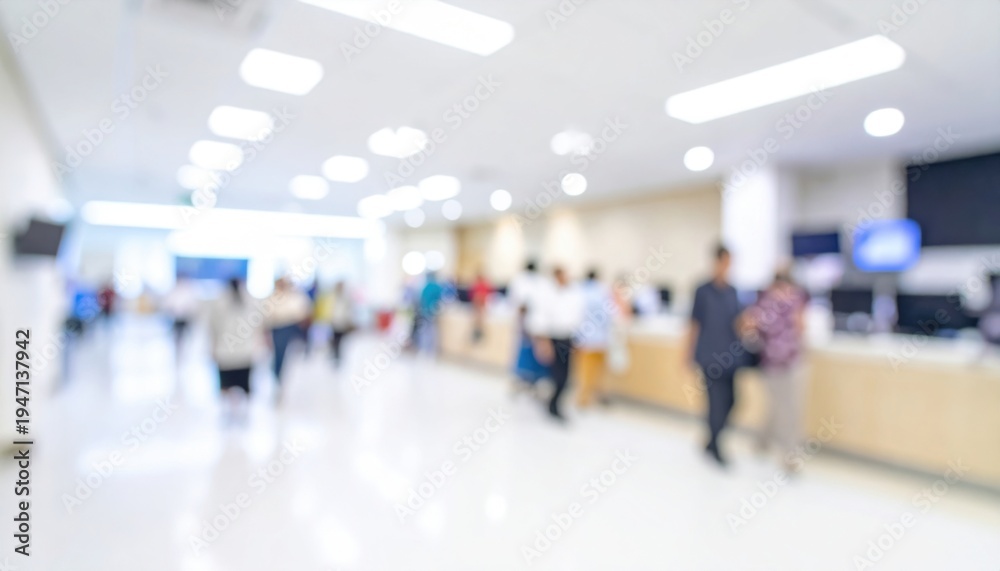 Fototapeta premium Blurred scene of a busy hospital reception area with patients and staff.