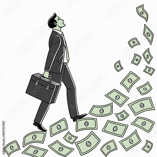 Man in suit walking amidst falling dollar bills business