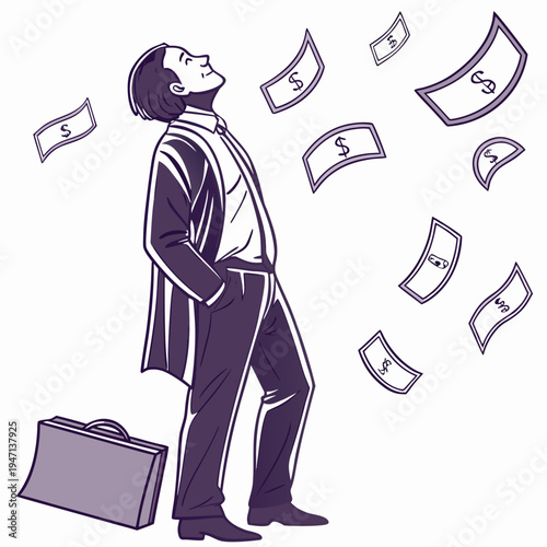 Wealthy businessman laughing with money flying around