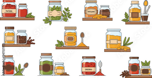 Hand drawn spice jars and seasoning bottles collection on wooden shelves with paprika oregano turmeric herbs powders and leaves kitchen ingredient vector illustration set