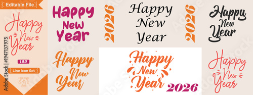 Happy new year set collection different happy new year typographic designs and lettering in various styles, isolated on Elegant happy new year script calligraphy vector bundle set.