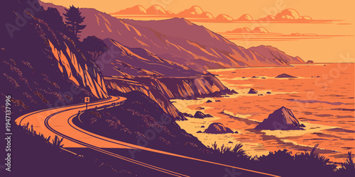 USA, US, U.S, United States - Big Sur Coast Sunset – Winding Cliffside Highway and Dramatic Pacific Ocean Panorama in the United States