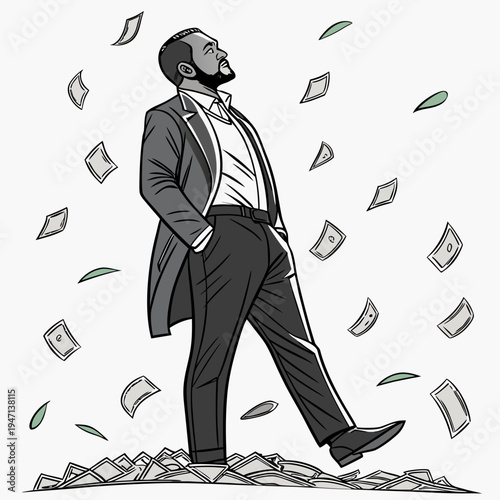 Man in suit standing on money with bills falling around