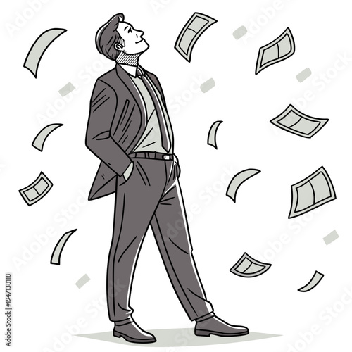 Confident businessman standing under falling money