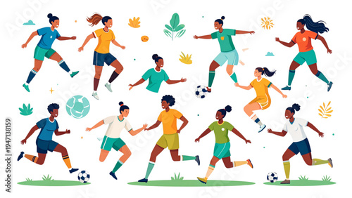 Diverse Female Soccer Players in Dynamic Action Poses Flat Vector Illustration Set