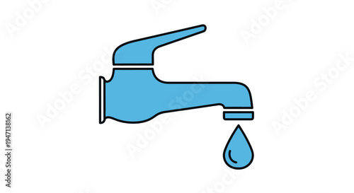 A simple blue faucet icon with a single water drop falling from the spout against a clean white background.