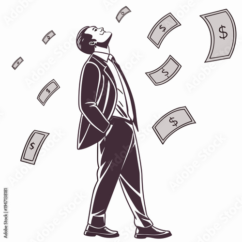 Wealthy businessman laughing with money flying around him