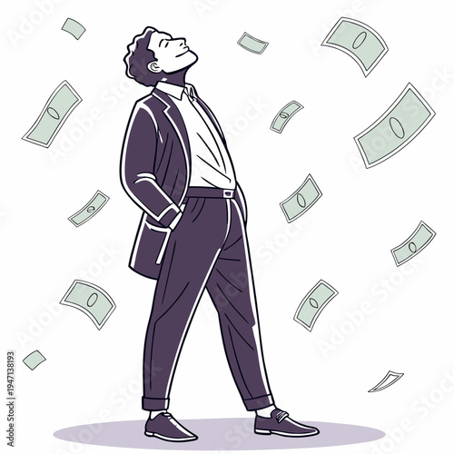 Wealthy businessman standing under falling money suit