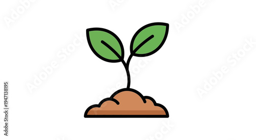 A simple line drawing of a green sprout growing out of a brown soil mound on a white background.