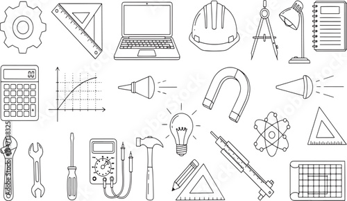 Science and engineering equipment including construction tools laboratory apparatus and mathematical symbols for professional technical projects hand drawn vector illustration doodle art