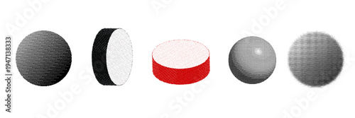 Halftone 3d geometric shapes set with dot structure, bitmap point cloud effect. Pixelated dither effect. For data visualization, technology branding, modern design.