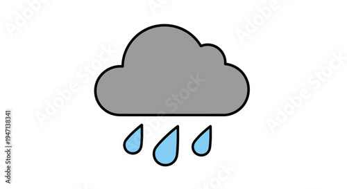 A simple gray cloud with three blue raindrops on a white background in a flat illustration style.
